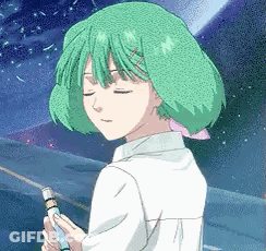 A Pixel Art Of A Girl With Green Hair Holding A Pen GIF