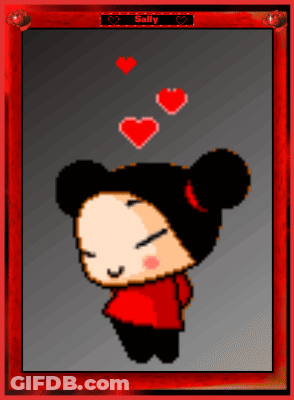 A Pixel Art Of A Girl With Hearts Above Her Head And The Name Sally On The Top GIF