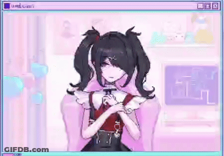 A Pixel Art Of A Girl With Pigtails Sitting In A Chair In A Room . GIF
