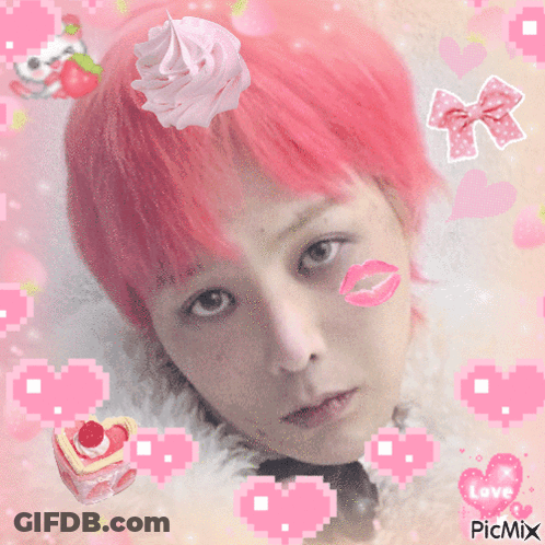 A Pixel Art Of A Girl With Pink Hair And Hearts Around Her And The Word Love On The Bottom GIF