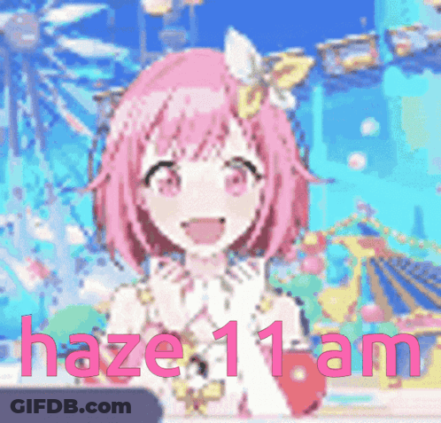 A Pixel Art Of A Girl With Pink Hair And The Words Haze 11 Am On The Bottom GIF