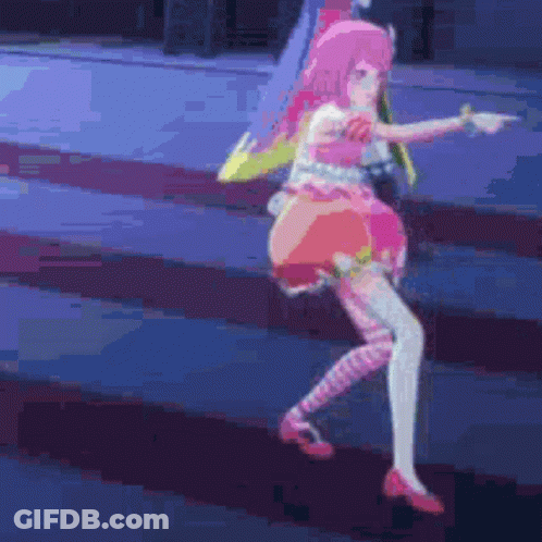A Pixel Art Of A Girl With Pink Hair Pointing At Something GIF