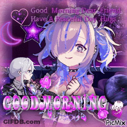 A Pixel Art Of A Girl With Purple Hair Says Good Morning Dear Friend GIF