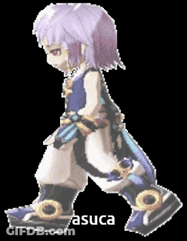A Pixel Art Of A Girl With Purple Hair Walking With The Word Asuca Underneath Her GIF