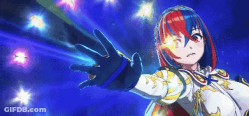 A Pixel Art Of A Girl With Red And Blue Hair Reaching Out Her Hand GIF