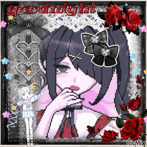 A Pixel Art Of A Girl With Roses And The Words Goodnight GIF