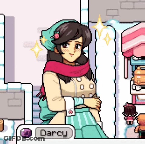 A Pixel Art Of A Girl With The Name Darcy On The Bottom GIF