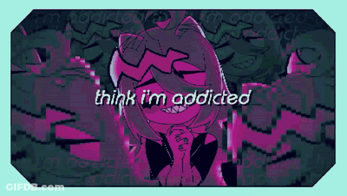A Pixel Art Of A Girl With The Words " I 'M Addicted " On The Bottom GIF