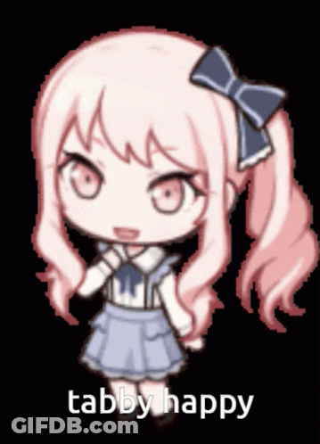 A Pixel Art Of A Girl With The Words Tabby Happy GIF