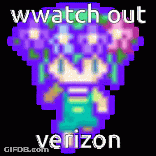 A Pixel Art Of A Girl With The Words " Watch Out Verizon " Below Her GIF
