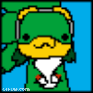 A Pixel Art Of A Green And Yellow Duck With Headphones On . GIF
