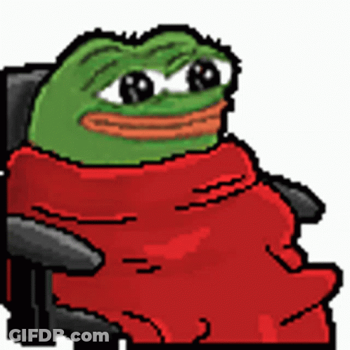 A Pixel Art Of A Green Frog Sitting In A Chair With A Red Blanket . GIF