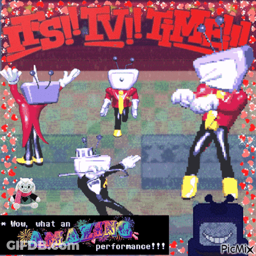 A Pixel Art Of A Group Of Cartoon Characters With The Words Wow What An Amazing Performance GIF