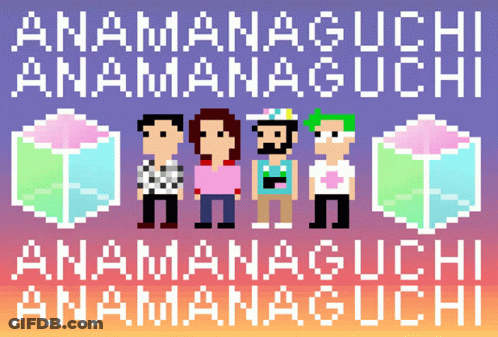 A Pixel Art Of A Group Of People Standing Next To Each Other With The Words " Anamanaguchi " Above Them GIF