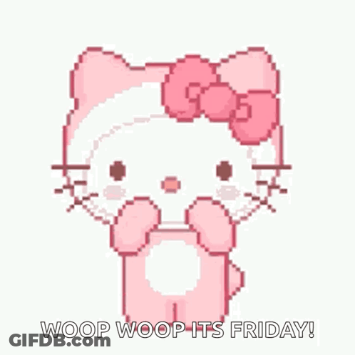 A Pixel Art Of A Hello Kitty With A Bow On Her Head And The Words `` Woop Woop Its Friday '' . GIF