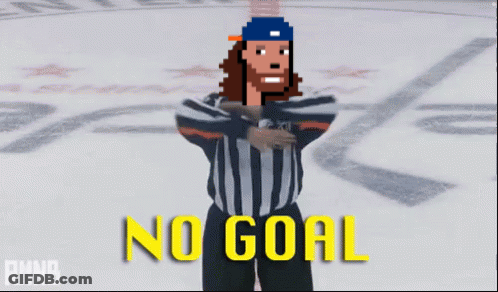 A Pixel Art Of A Hockey Referee With The Words No Goal Above Him GIF