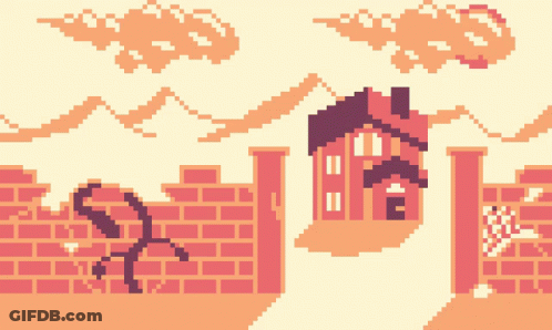 A Pixel Art Of A House Behind A Brick Fence GIF