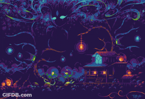 A Pixel Art Of A House With A Lantern Hanging From The Roof GIF