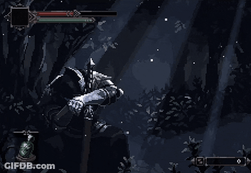 A Pixel Art Of A Knight In A Dark Forest GIF