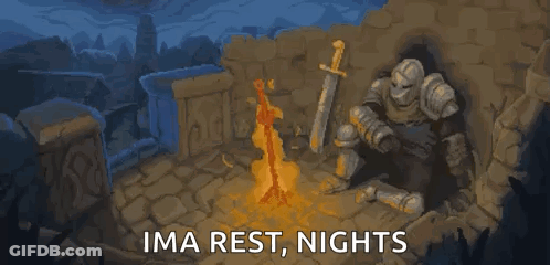 A Pixel Art Of A Knight Sitting By A Fire With The Words Ima Rest Nights GIF