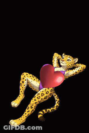 A Pixel Art Of A Leopard Laying Down Holding A Red Heart GIF