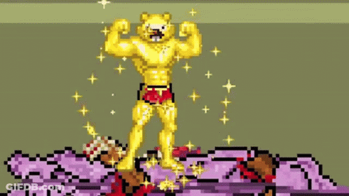 A Pixel Art Of A Lion Flexing His Muscles While Standing On Top Of A Purple Monster . GIF