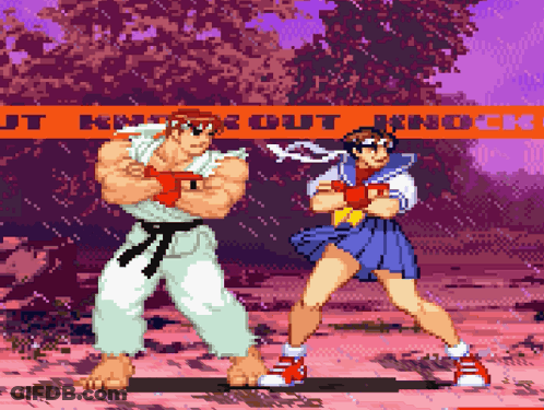 A Pixel Art Of A Man And A Woman Standing In Front Of A Sign That Says Jt Knockout Knock GIF