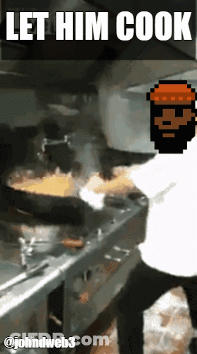 A Pixel Art Of A Man Cooking With The Words Let Him Cook Above Him GIF