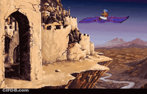 A Pixel Art Of A Man Flying On A Carpet Over A Cliff GIF