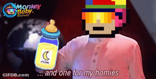 A Pixel Art Of A Man Holding A Bottle Of Milk With The Words " And One For My Homies " GIF