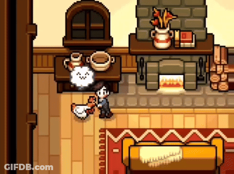 A Pixel Art Of A Man Holding A Chicken In A Living Room With A Fireplace . GIF