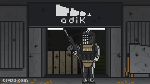 A Pixel Art Of A Man Holding A Gun In Front Of A Sign That Says Odik GIF