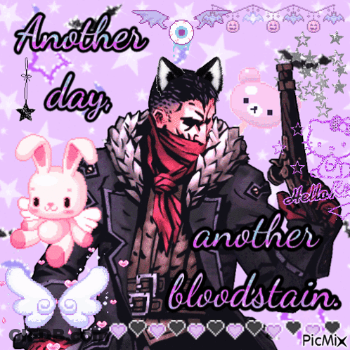 A Pixel Art Of A Man Holding A Gun With The Words " Another Day Another Bloodstain " GIF