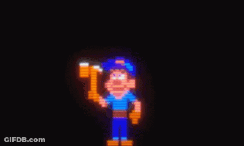 A Pixel Art Of A Man Holding A Hammer With The Words I Can Fix It Behind Him GIF