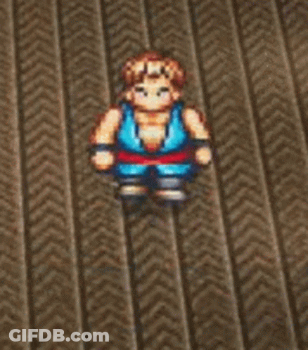 A Pixel Art Of A Man In A Blue Shirt Is Standing On A Striped Carpet . GIF