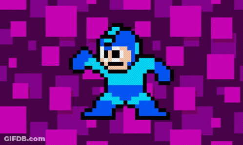 A Pixel Art Of A Man In A Blue Suit Against A Purple Background GIF