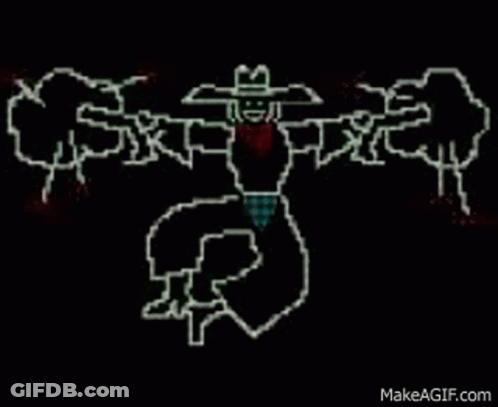 A Pixel Art Of A Man In A Cowboy Hat Holding A Gun And A Sword . GIF