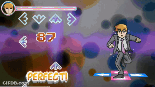 A Pixel Art Of A Man In A Suit And Tie Dancing With The Words Perfect In The Upper Right Corner GIF