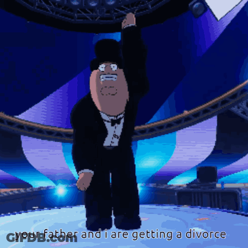 A Pixel Art Of A Man In A Tuxedo And Top Hat With The Caption Your Father And I Are Getting A Divorce GIF