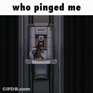 A Pixel Art Of A Man In An Elevator With The Words Who Pinged Me On The Bottom GIF