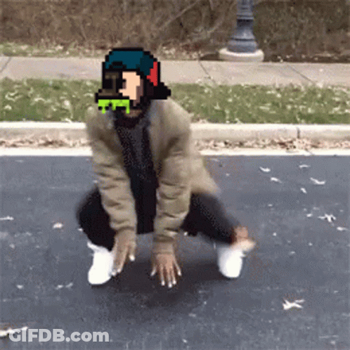 A Pixel Art Of A Man Squatting On The Side Of The Road . GIF