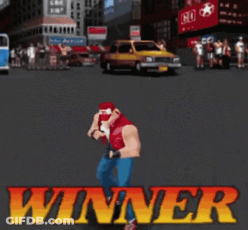 A Pixel Art Of A Man Standing In Front Of A Building That Says Winner On It GIF