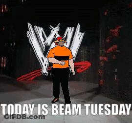 A Pixel Art Of A Man Standing In Front Of A Wwe Logo With The Words Today Is Beam Tuesday Below Him GIF