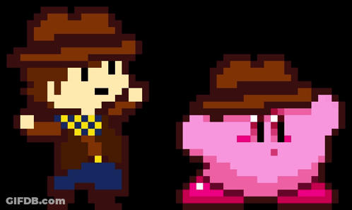 A Pixel Art Of A Man Standing Next To A Pink Kirby GIF