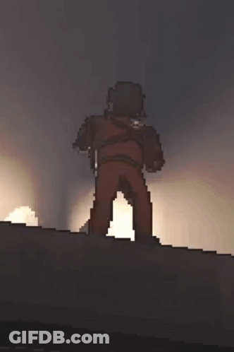 A Pixel Art Of A Man Standing On Top Of A Building With A Sunset In The Background . GIF