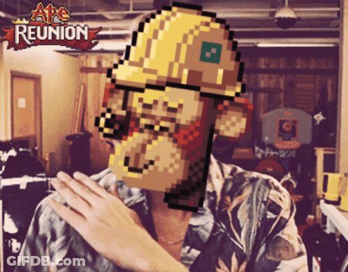 A Pixel Art Of A Man Wearing A Hard Hat With The Words Ate Reunion Above Him GIF