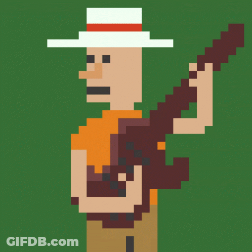 A Pixel Art Of A Man Wearing A Hat Holding A Guitar GIF