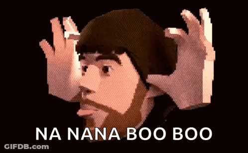 A Pixel Art Of A Man With A Beard Wearing A Hat With The Words Na Nana Boo Boo Written On It . GIF