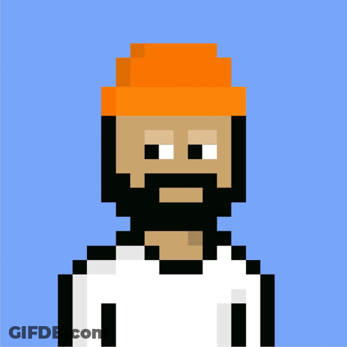 A Pixel Art Of A Man With A Beard Wearing An Orange Hat And A White Shirt GIF