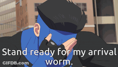 A Pixel Art Of A Man With Blue Hair And The Words " Stand Ready For My Arrival Worm " GIF